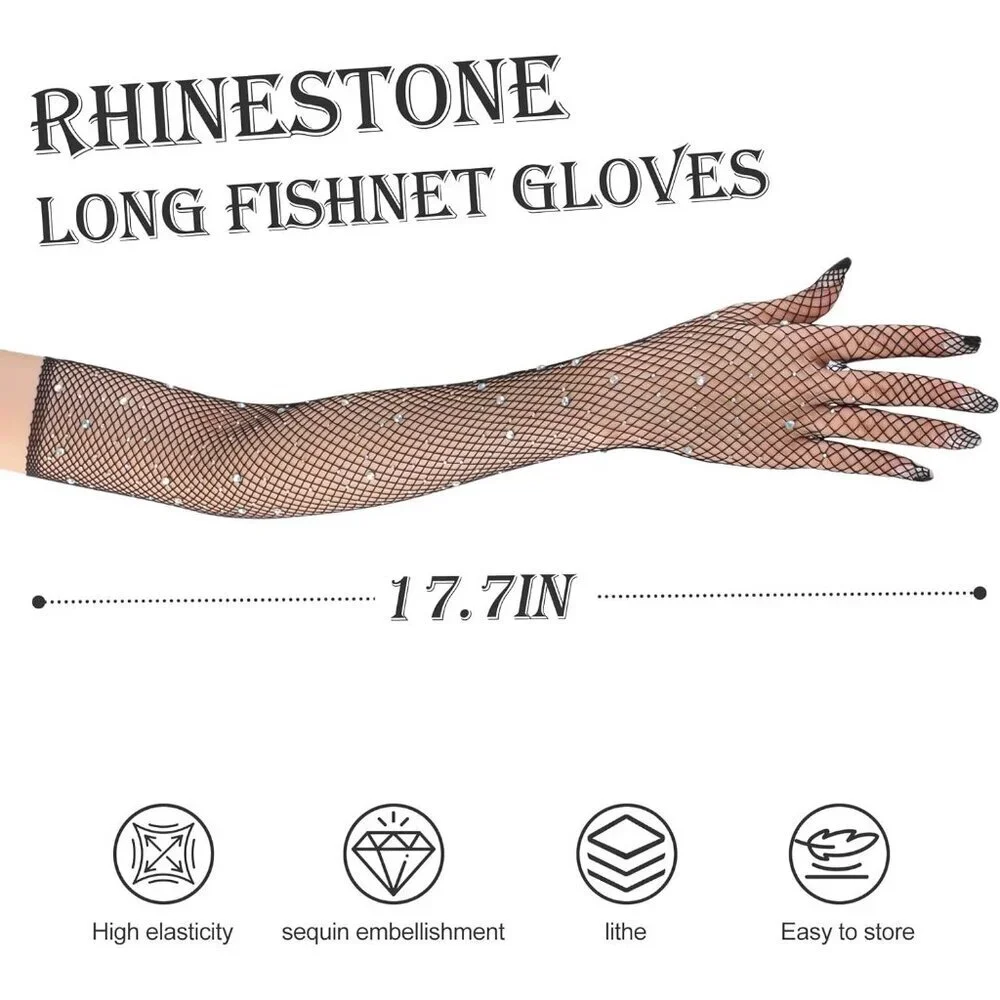 Women's Glitter Black Rhinestone Elbow Length Long Gloves Halloween Party
